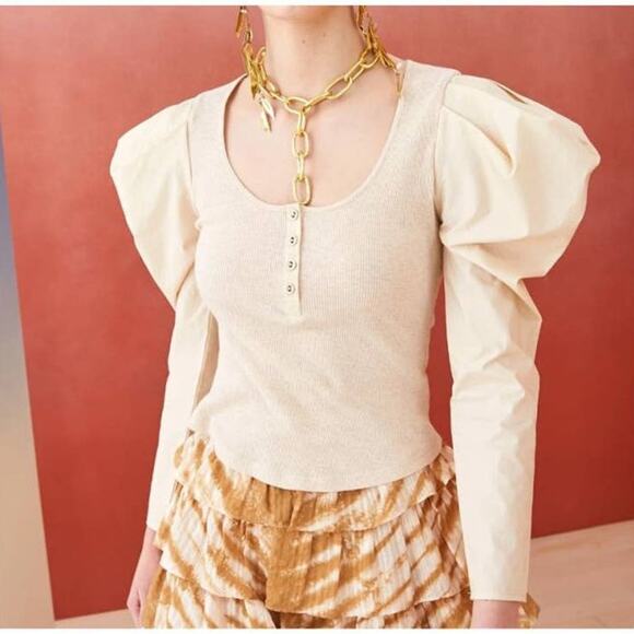 Ulla Johnson Tops - Ulla Johnson Joanne Poplin Sleeve Rib Knit Top Ribbed Jersey Oatmeal Beige